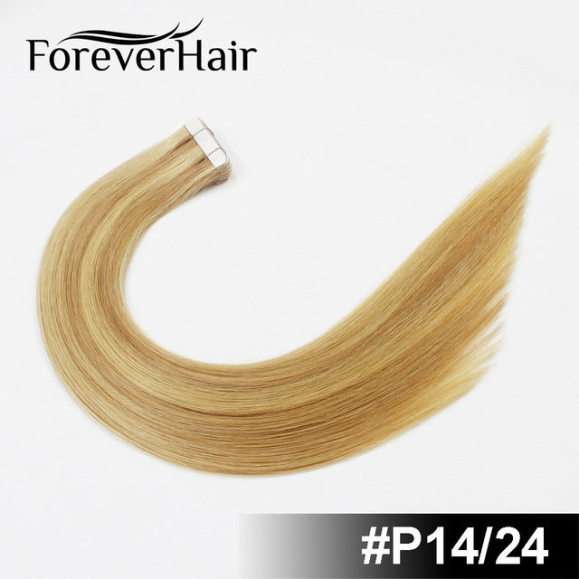 forever hair 2.0g/pc 18" remy tape in human hair extension full cuticle seamless straight skin weft hair salon style 20pcs/pac p14/24 / 18 inches / 12 months, 20 pcs, >=35%