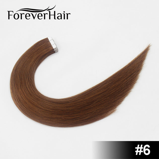 forever hair 2.0g/pc 18" remy tape in human hair extension full cuticle seamless straight skin weft hair salon style 20pcs/pac #6 / 18 inches / 12 months, 20 pcs, >=35%