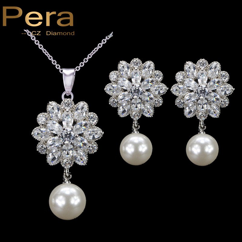 fashion ladies cz crystal big snowflake drop freshwater pearl necklace earrings jewelry set for valentine's day gift
