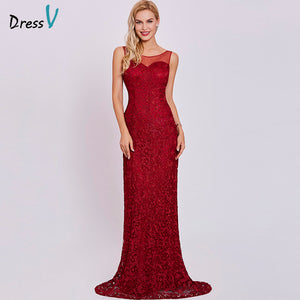 dress-v long evening dress scoop neck sleeveless sheath lace sweep train wedding party formal evening dress