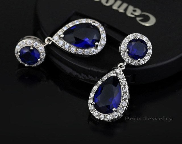 top quality long tear drop silver color cubic zirconia stone big round dangling earrings jewelry for women royal blue