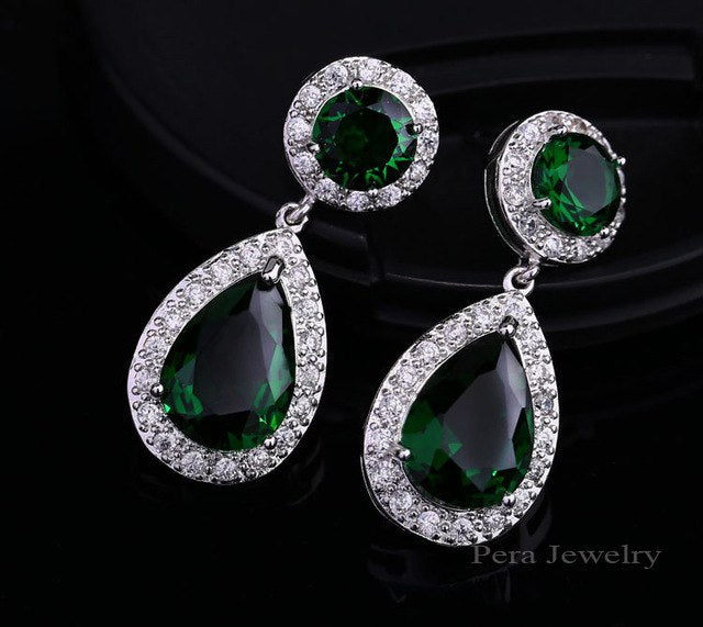 top quality long tear drop silver color cubic zirconia stone big round dangling earrings jewelry for women emerald green