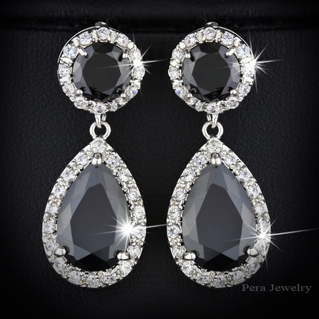 top quality long tear drop silver color cubic zirconia stone big round dangling earrings jewelry for women black