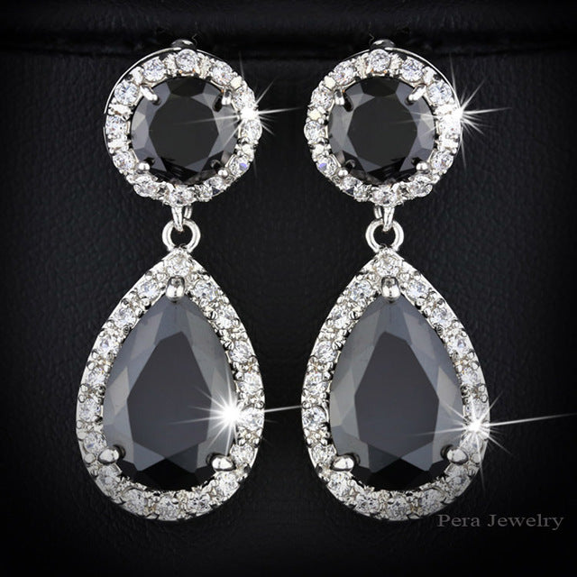 top quality long tear drop silver color cubic zirconia stone big round dangling earrings jewelry for women black