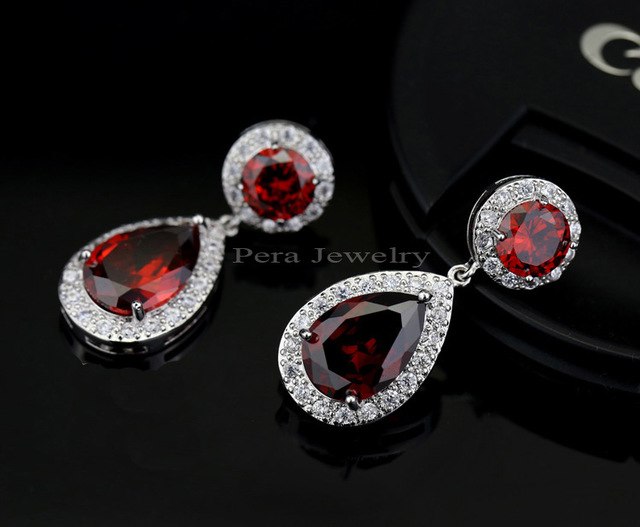 top quality long tear drop silver color cubic zirconia stone big round dangling earrings jewelry for women ruby red