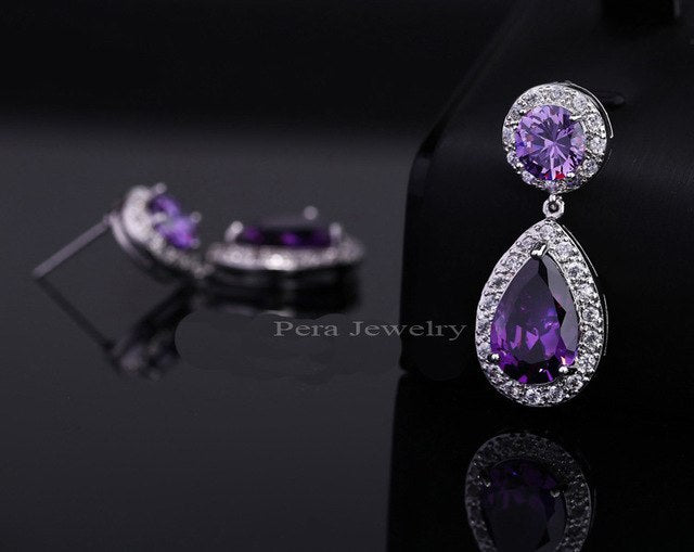 top quality long tear drop silver color cubic zirconia stone big round dangling earrings jewelry for women purple