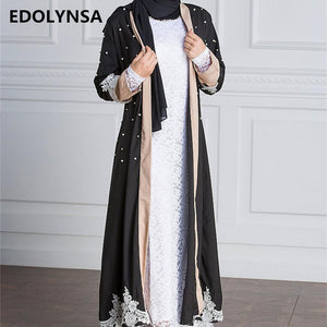 black lace patchwork pink dubai abaya kimono cardigan beads muslim dresses plus size maxi dress soft long womens clothing