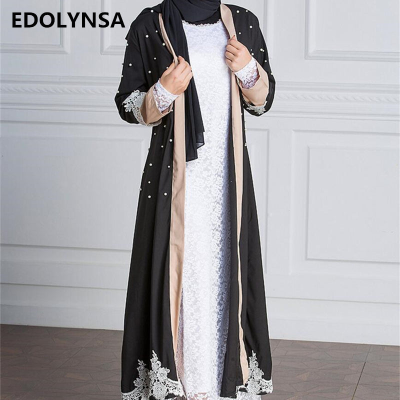 black lace patchwork pink dubai abaya kimono cardigan beads muslim dresses plus size maxi dress soft long womens clothing