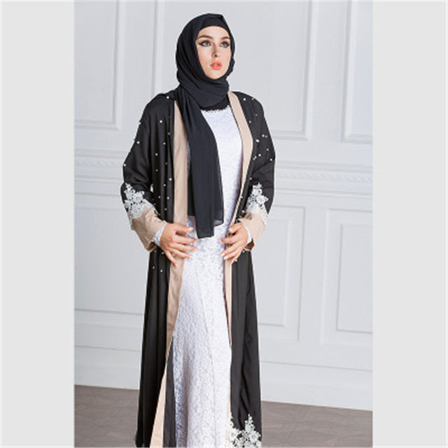 black lace patchwork pink dubai abaya kimono cardigan beads muslim dresses plus size maxi dress soft long womens clothing