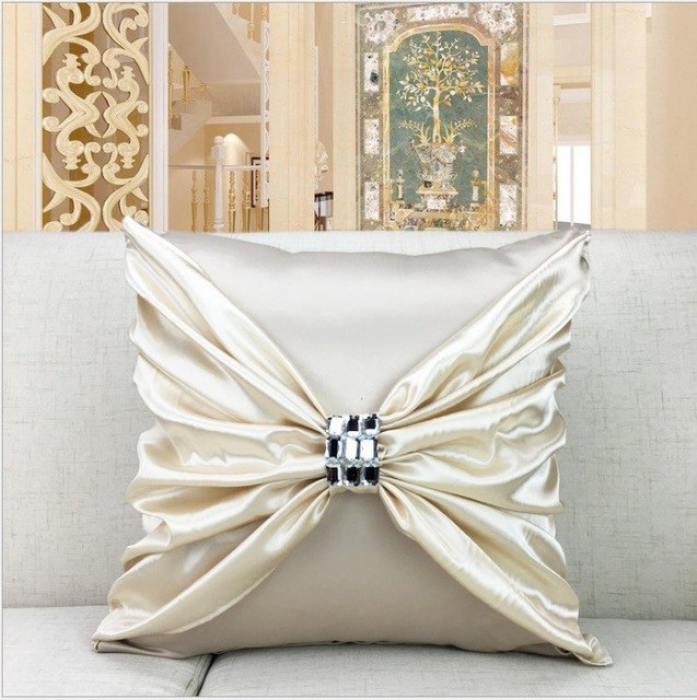 luxury imitated silk pillow cover diamond bow home decor cushion cover 45x45cm only cover / beige