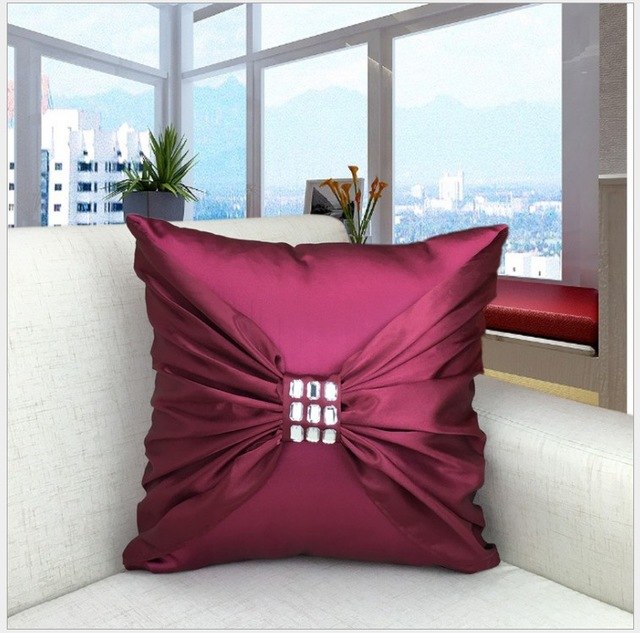 luxury imitated silk pillow cover diamond bow home decor cushion cover 45x45cm only cover / dark red