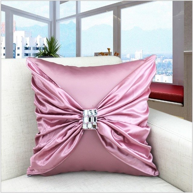 luxury imitated silk pillow cover diamond bow home decor cushion cover 45x45cm only cover / pink