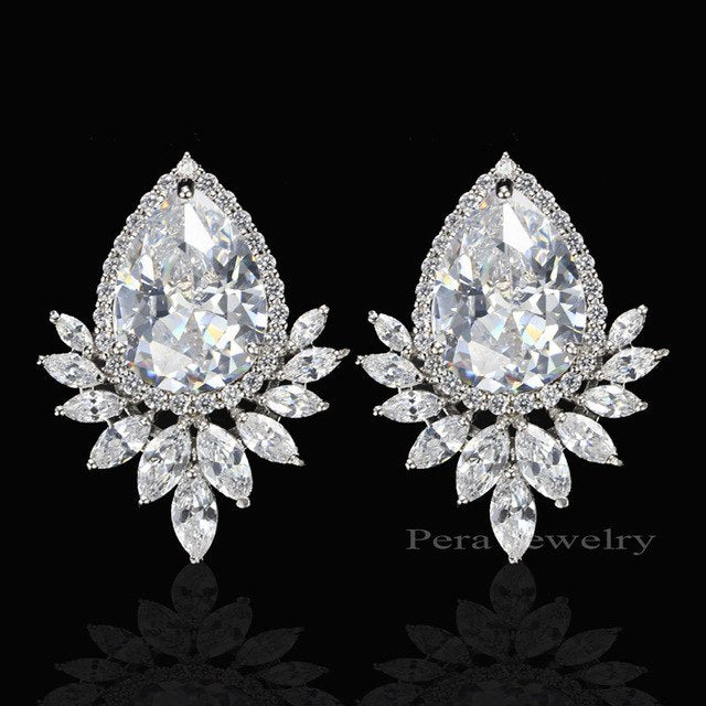ladies big pear cut stud ear jewelry red cubic zirconia stone paved evening party earrings for women white