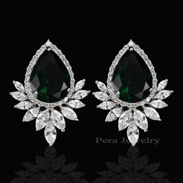 ladies big pear cut stud ear jewelry red cubic zirconia stone paved evening party earrings for women green