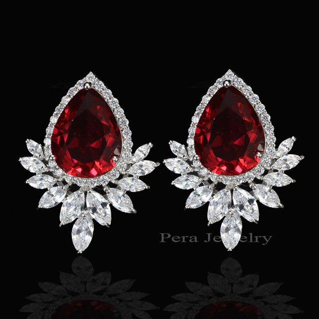 ladies big pear cut stud ear jewelry red cubic zirconia stone paved evening party earrings for women red