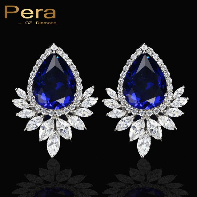ladies big pear cut stud ear jewelry red cubic zirconia stone paved evening party earrings for women blue