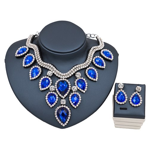 lan palace new jewelry set for woman african beads for bridal necklace and earrings crystal jewelry silver royal blue