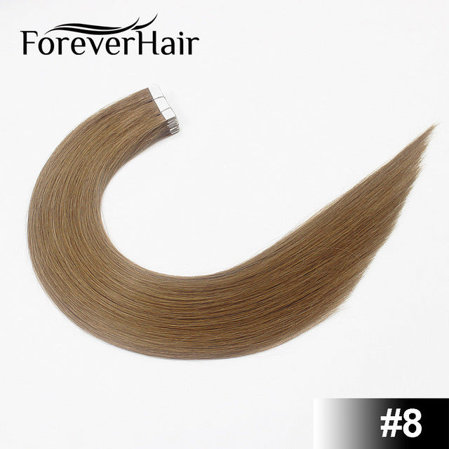 forever hair 2.0g/pc 18" remy tape in human hair extension full cuticle seamless straight skin weft hair salon style 20pcs/pac #8 / 18 inches / 12 months, 20 pcs, >=35%