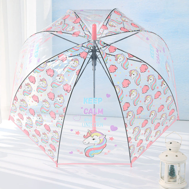 liberainy simple fashion weatherproof  lovely unicorn children long handle transparent umbrella pink