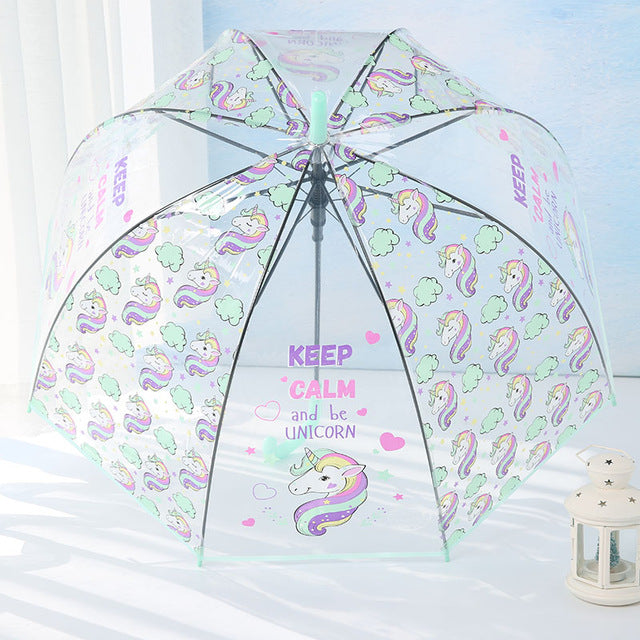 liberainy simple fashion weatherproof  lovely unicorn children long handle transparent umbrella light green