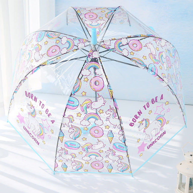 liberainy simple fashion weatherproof  lovely unicorn children long handle transparent umbrella sky blue