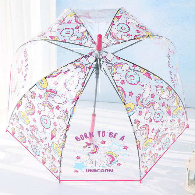 liberainy simple fashion weatherproof  lovely unicorn children long handle transparent umbrella rose red