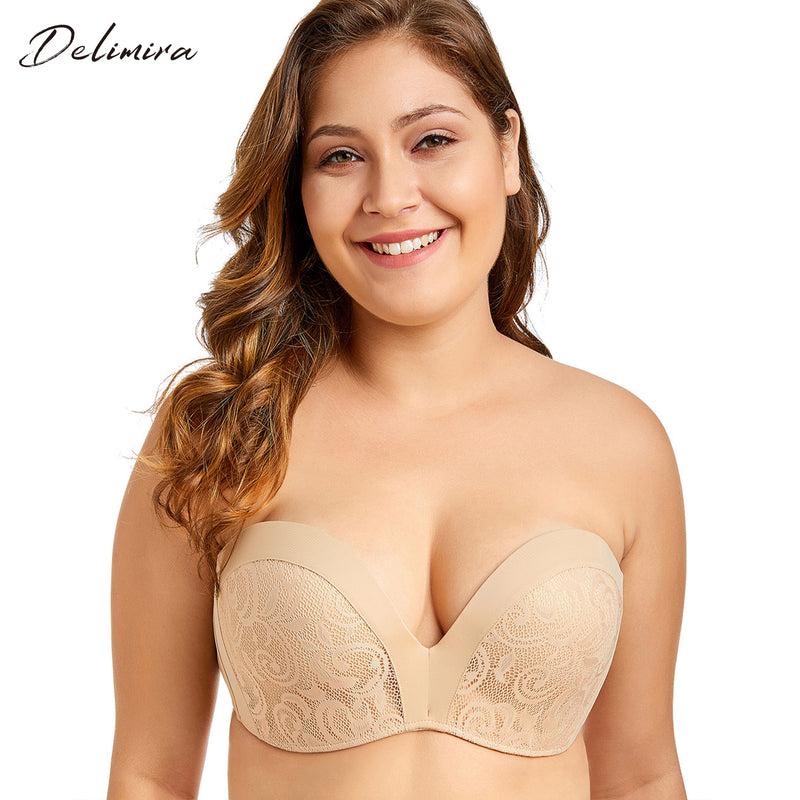 delimira women's slightly padded push up lace great support strapless bra