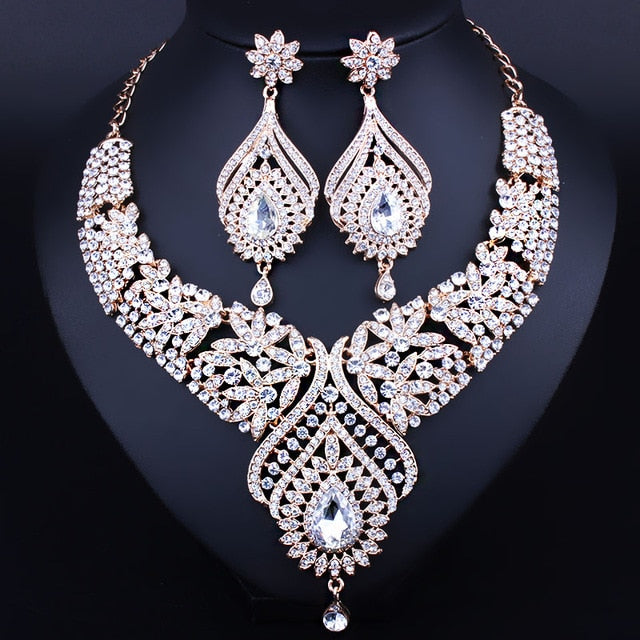 bridal jewelry silver plated necklace and earrings set with full ab rhinestones crystal light yellow gold color