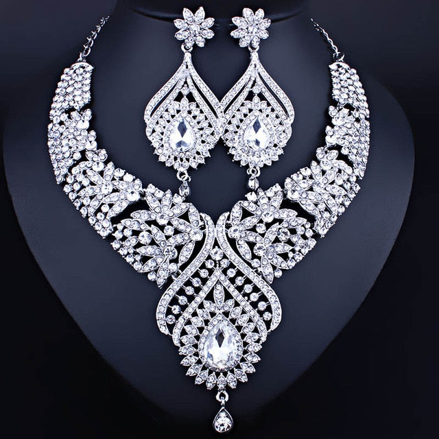 bridal jewelry silver plated necklace and earrings set with full ab rhinestones crystal imitation rhodium plated