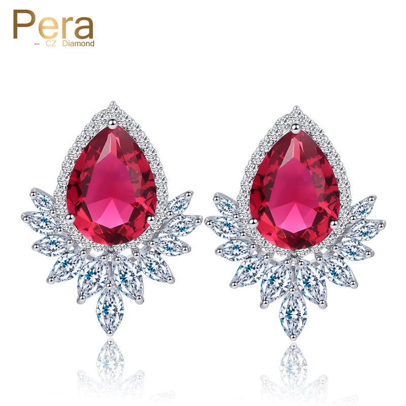 ladies big pear cut stud ear jewelry red cubic zirconia stone paved evening party earrings for women