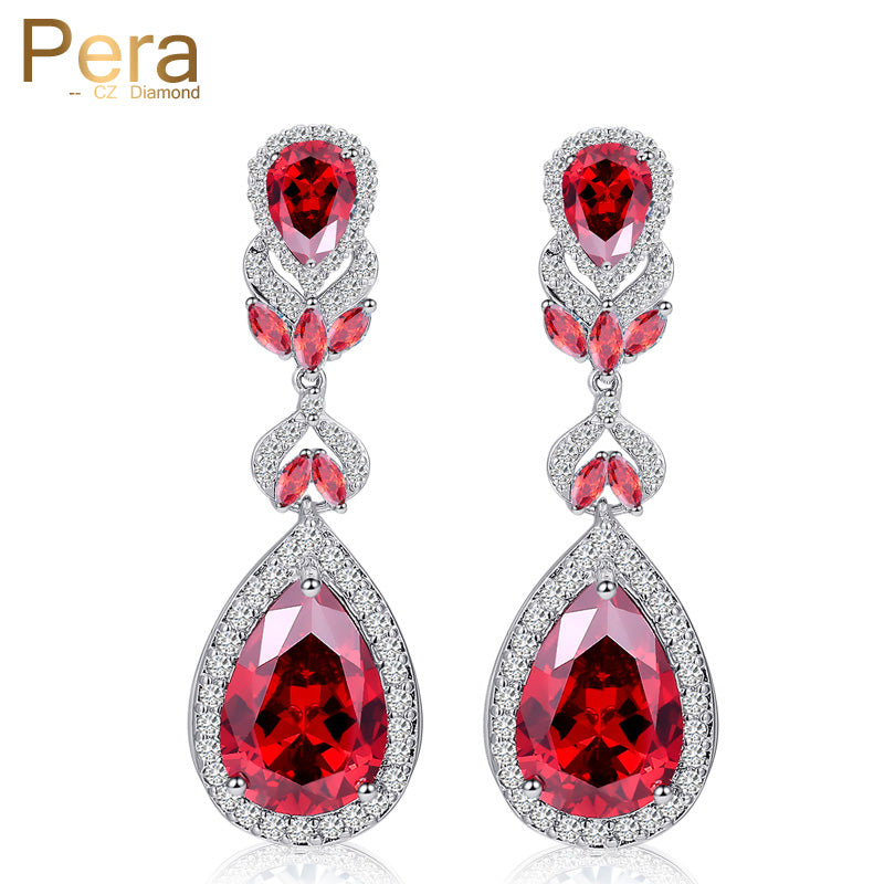 hot selling pera cut jewelry silver color red cubic zirconia crystal long water big drop women earrings for gift