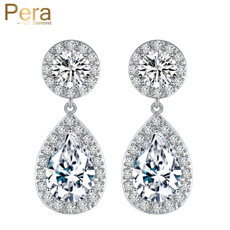 top quality long tear drop silver color cubic zirconia stone big round dangling earrings jewelry for women