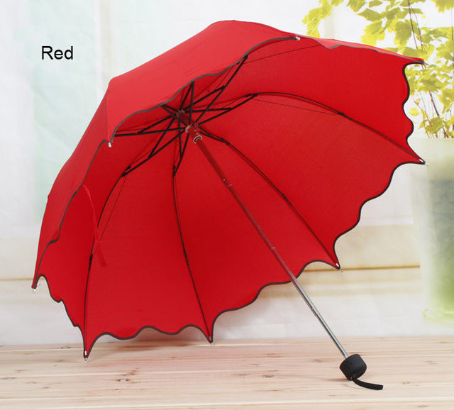 new non-automatic umbrella rain women folding cute flouncing lace female umbrellas adults colors red