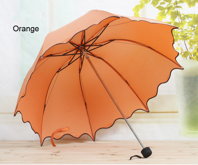 new non-automatic umbrella rain women folding cute flouncing lace female umbrellas adults colors orange