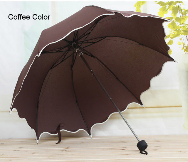new non-automatic umbrella rain women folding cute flouncing lace female umbrellas adults colors brown