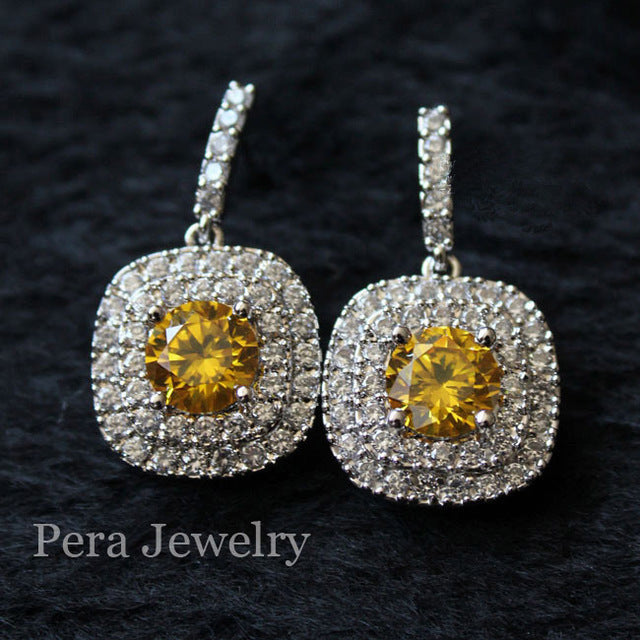 women fashion jewelry accessories white gold color big square cubic zirconia yellow stone dangling drop earrings yellow