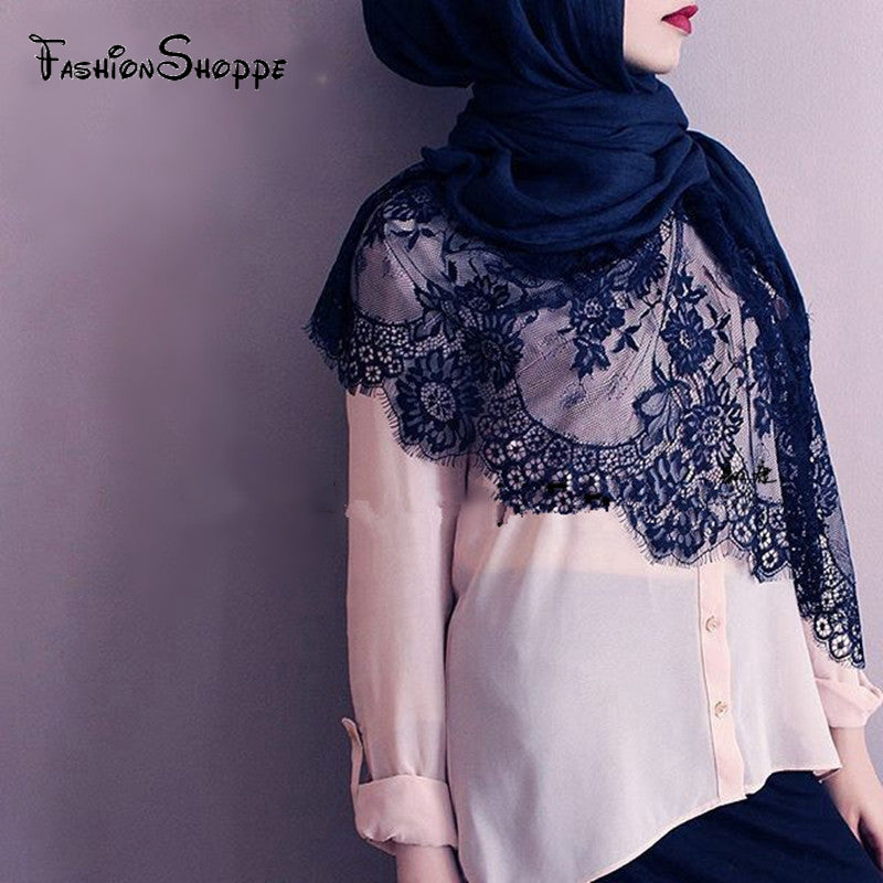 cotton viscose maxi scarf lace hijab floral lace stole foulard women shawl wrap muslim head scarves hijabs islam