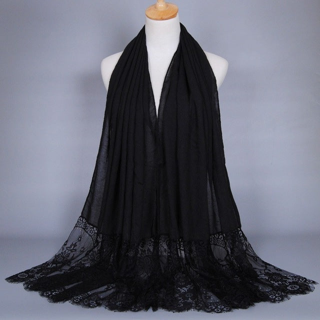 cotton viscose maxi scarf lace hijab floral lace stole foulard women shawl wrap muslim head scarves hijabs islam black
