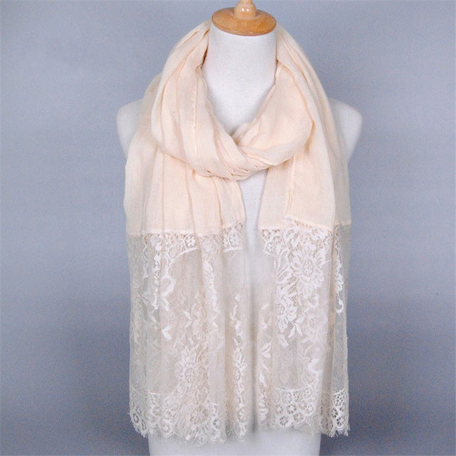 cotton viscose maxi scarf lace hijab floral lace stole foulard women shawl wrap muslim head scarves hijabs islam beige