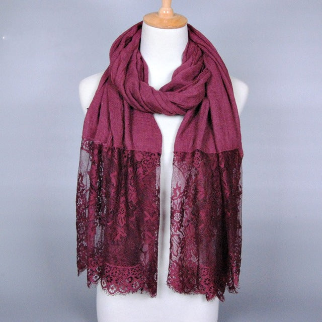 cotton viscose maxi scarf lace hijab floral lace stole foulard women shawl wrap muslim head scarves hijabs islam burgundy