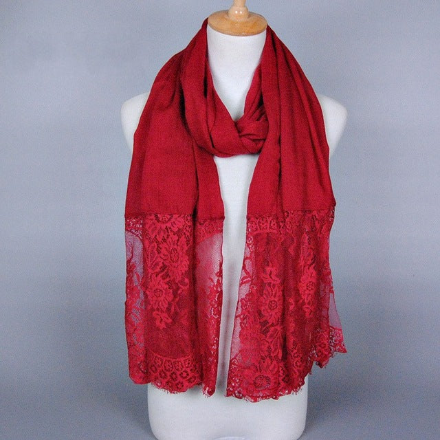 cotton viscose maxi scarf lace hijab floral lace stole foulard women shawl wrap muslim head scarves hijabs islam dark red