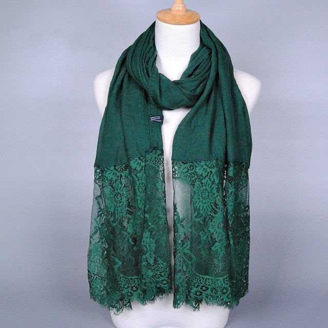 cotton viscose maxi scarf lace hijab floral lace stole foulard women shawl wrap muslim head scarves hijabs islam green