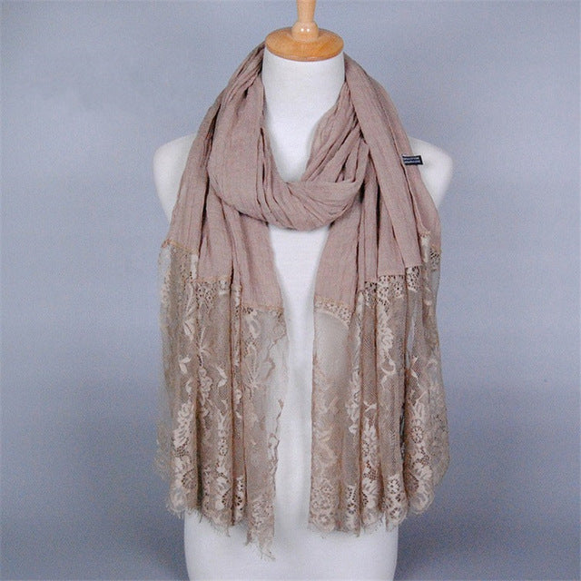 cotton viscose maxi scarf lace hijab floral lace stole foulard women shawl wrap muslim head scarves hijabs islam khaki