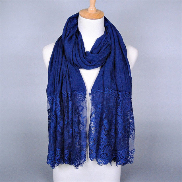 cotton viscose maxi scarf lace hijab floral lace stole foulard women shawl wrap muslim head scarves hijabs islam navy blue