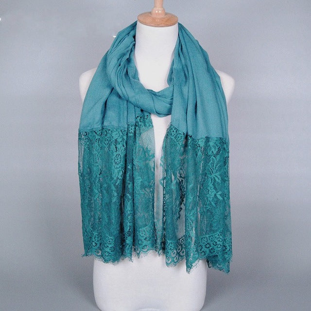 cotton viscose maxi scarf lace hijab floral lace stole foulard women shawl wrap muslim head scarves hijabs islam peacock blue