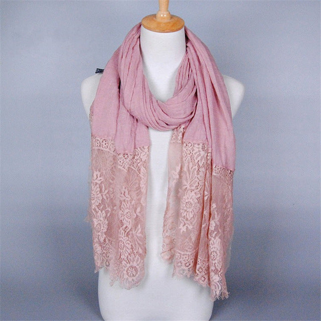 cotton viscose maxi scarf lace hijab floral lace stole foulard women shawl wrap muslim head scarves hijabs islam pink