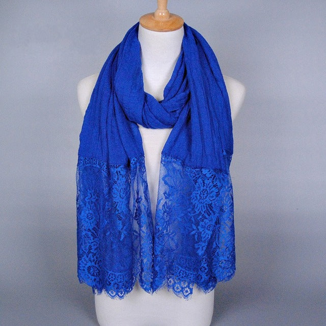 cotton viscose maxi scarf lace hijab floral lace stole foulard women shawl wrap muslim head scarves hijabs islam royal blue