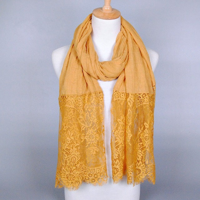 cotton viscose maxi scarf lace hijab floral lace stole foulard women shawl wrap muslim head scarves hijabs islam yellow
