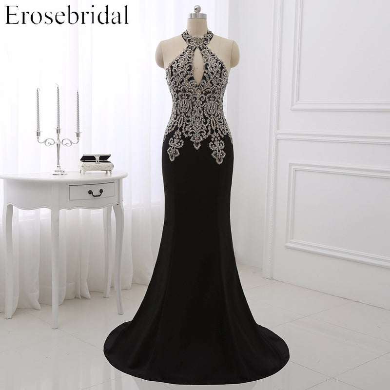 black mermaid evening dress plus size erosebridal gold appliques bodice formal women party gowns halter dresses