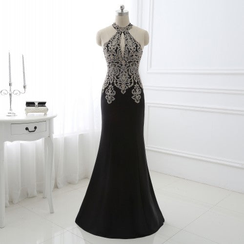 black mermaid evening dress plus size erosebridal gold appliques bodice formal women party gowns halter dresses